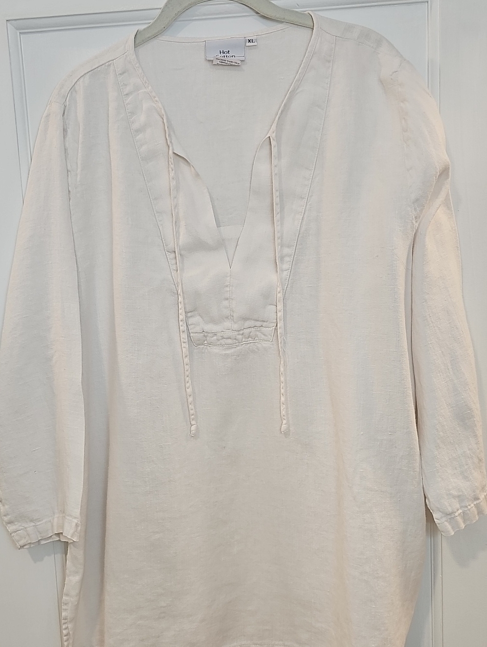 Hot Cotton Cream Tie-Neck Linen Tunic